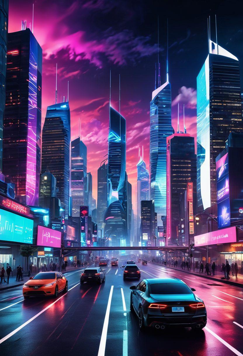 A futuristic cityscape showcasing a vibrant skyline integrated with 5G towers and wireless signals radiating outward. Citizens using various mobile devices, depicting diverse connectivity applications like smart cars and interactive augmented reality. A glowing representation of data flow and connectivity in the atmosphere, illustrating the impact of 5G technology on everyday life. The scene is captured in a dynamic, high-tech style with neon lights and a digital atmosphere. cyberpunk. vibrant colors.