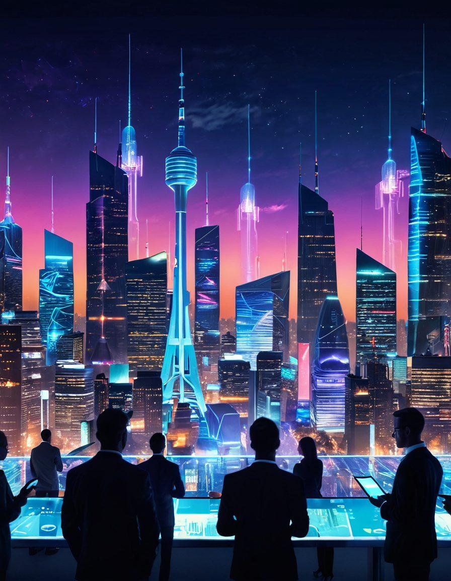A futuristic city skyline showcasing advanced 5G cell towers with glowing signals radiating from them. In the foreground, a diverse group of people using various devices, highlighting seamless connectivity and user experience. The scene is vibrant and dynamic, with digital interfaces and holographic displays illustrating fast data transfer. The sky transitions from day to night, representing the rapid evolution of technology. Futuristic, super-realistic, vibrant colors.